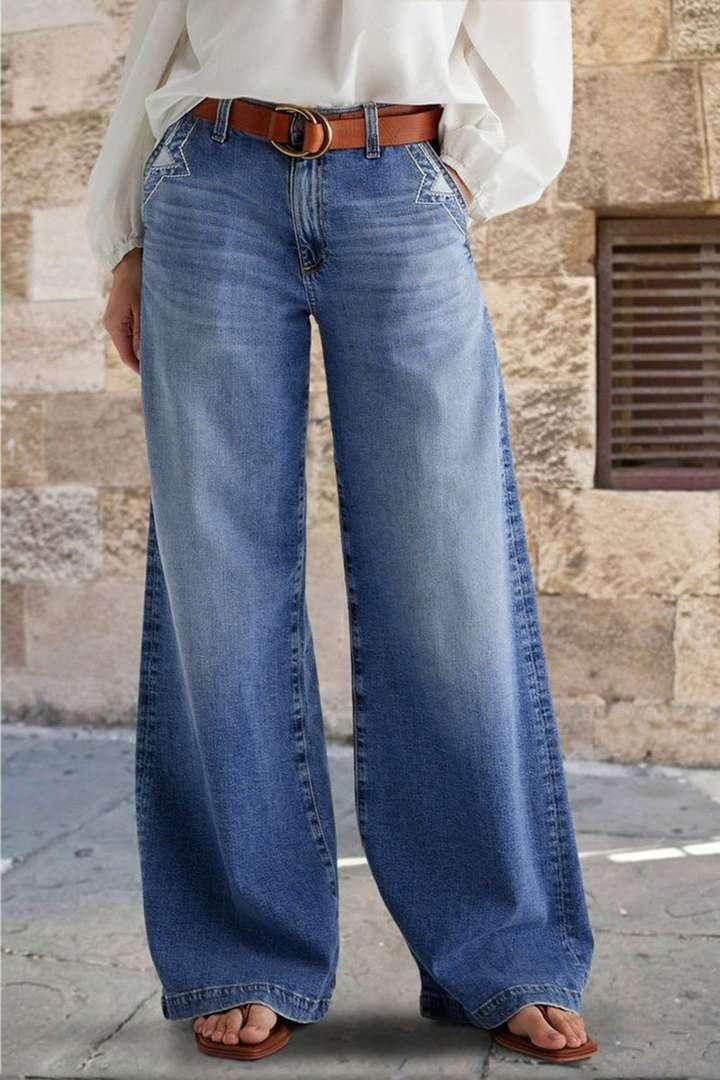 Embroidered High Waist Wide Leg Jeans - ZA-Zola