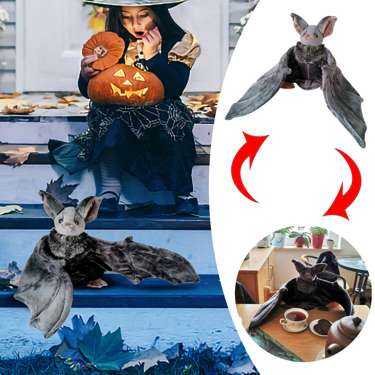 Halloween-themed scene with a person in a witch costume holding a pumpkin, plush bats, and a small inset of a person in a bat costume.