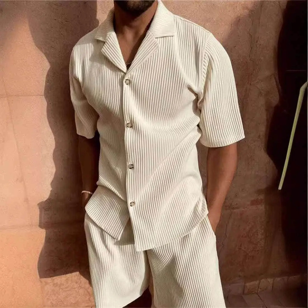 Men's cream corduroy polo two-piece set from ZA-Zola, short sleeves, casual style