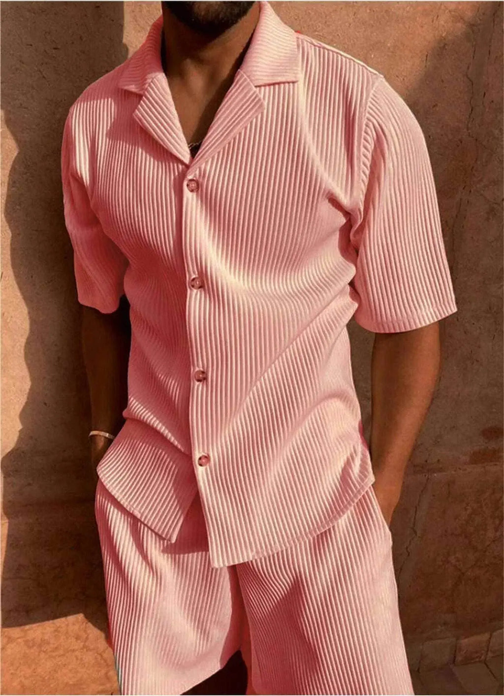 Men's pink corduroy polo two-piece set with short sleeves from ZA-Zola