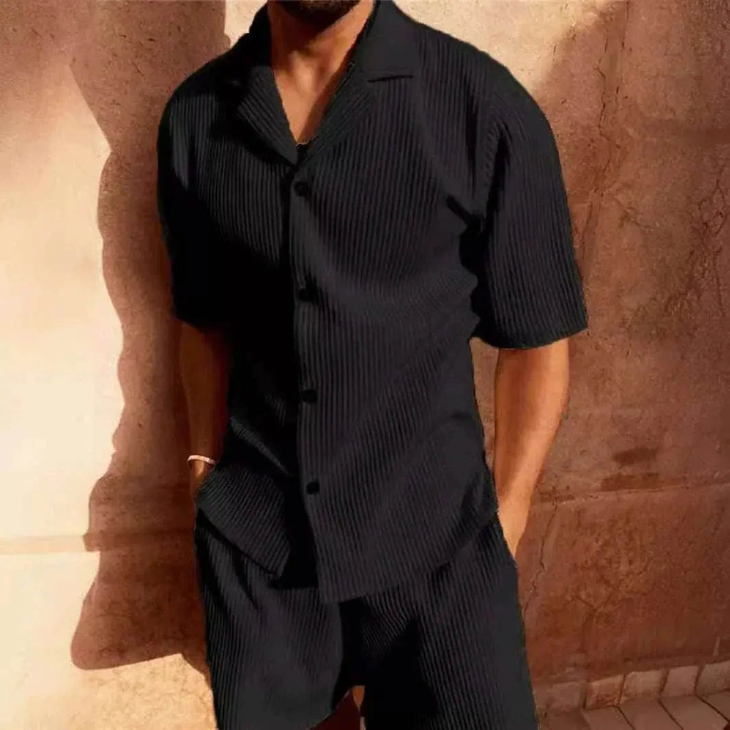 Men’s black corduroy polo two-piece set from ZA-Zola, short sleeves, casual style