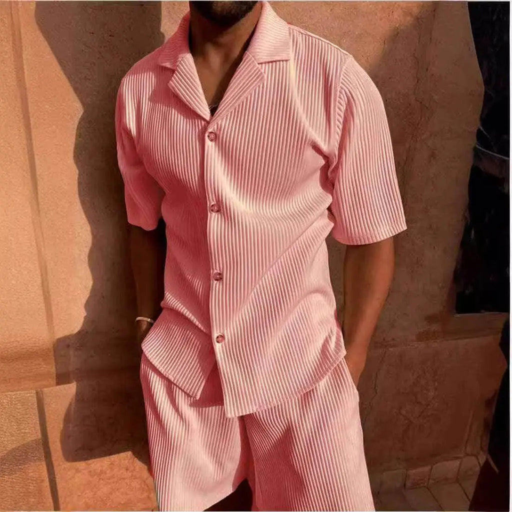 Men’s pink corduroy polo two-piece set from ZA-Zola, short sleeve shirt and shorts