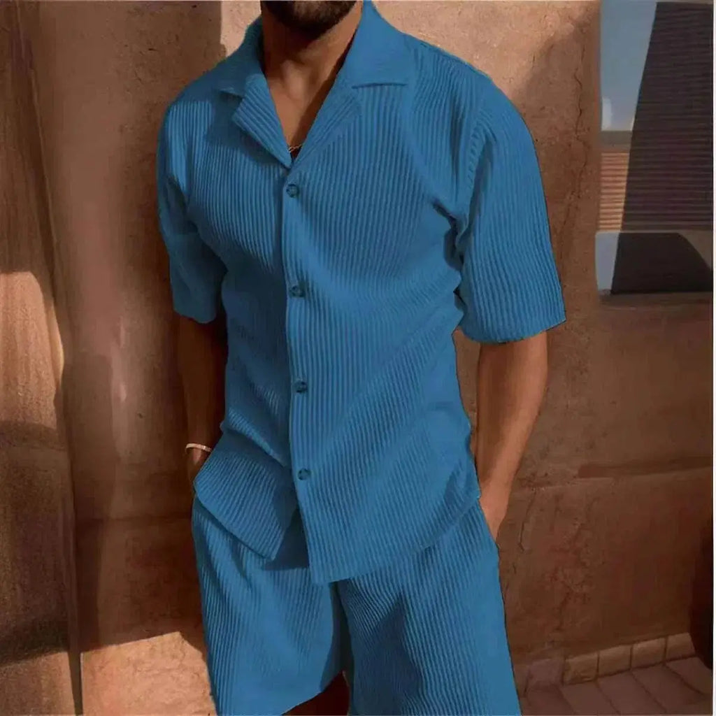 Men's blue corduroy polo two-piece set with short sleeves from ZA-Zola