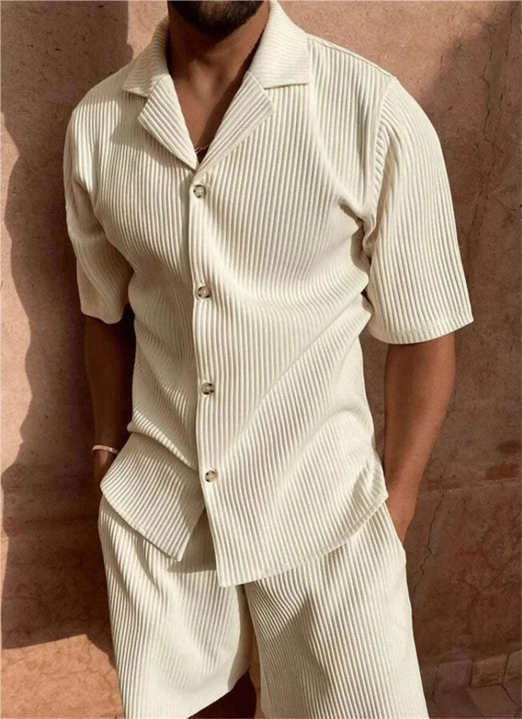 Men's cream corduroy polo two-piece set with short sleeves from ZA-Zola fashion UK