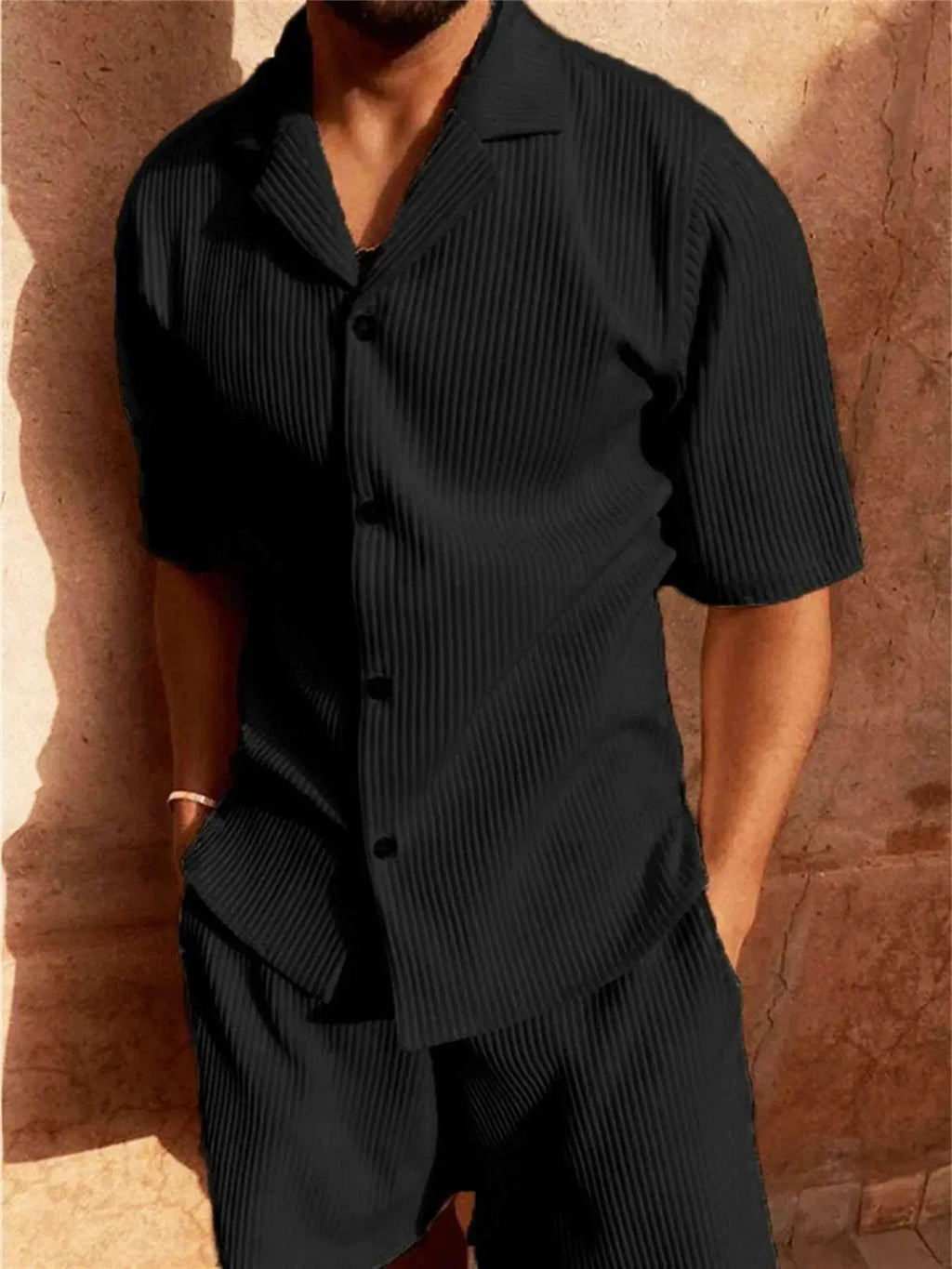 Men's black corduroy polo two-piece set, short sleeve shirt and shorts, ZA-Zola fashion