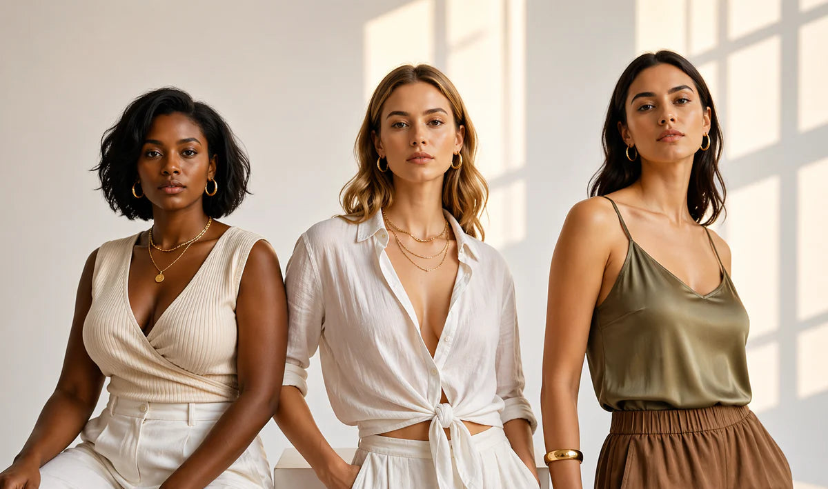 Three women wearing stylish outfits in a bright room with sunlight filtering through.