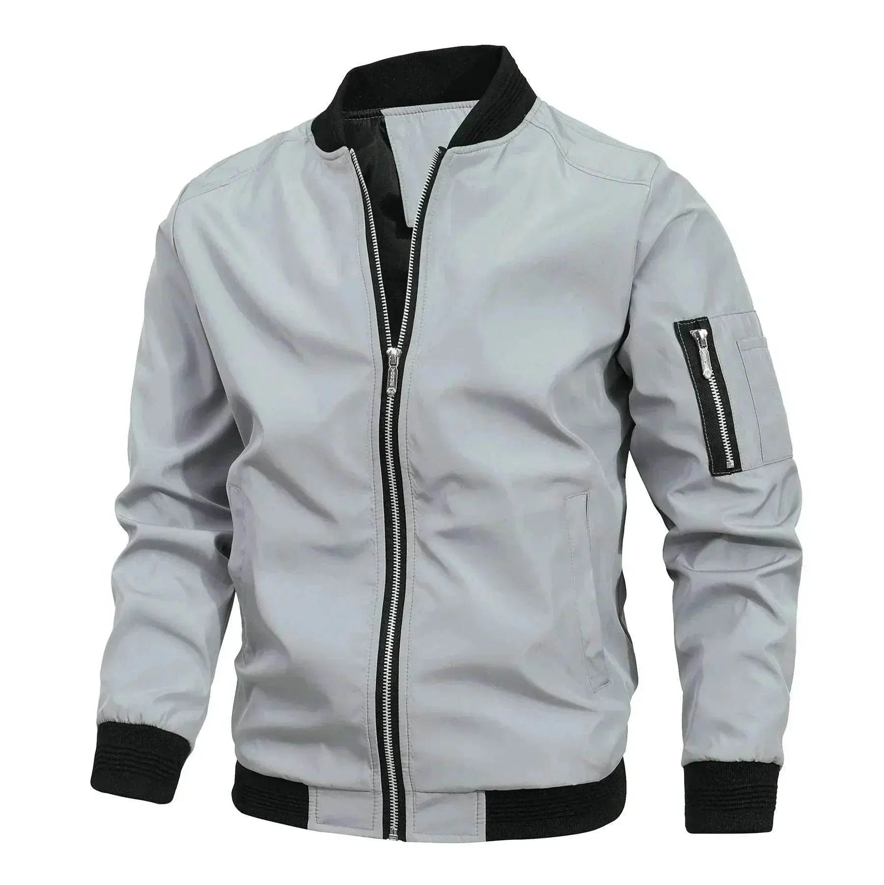 Loose-fit men's grey baseball jacket with black trim from ZA-Zola, plus size available.