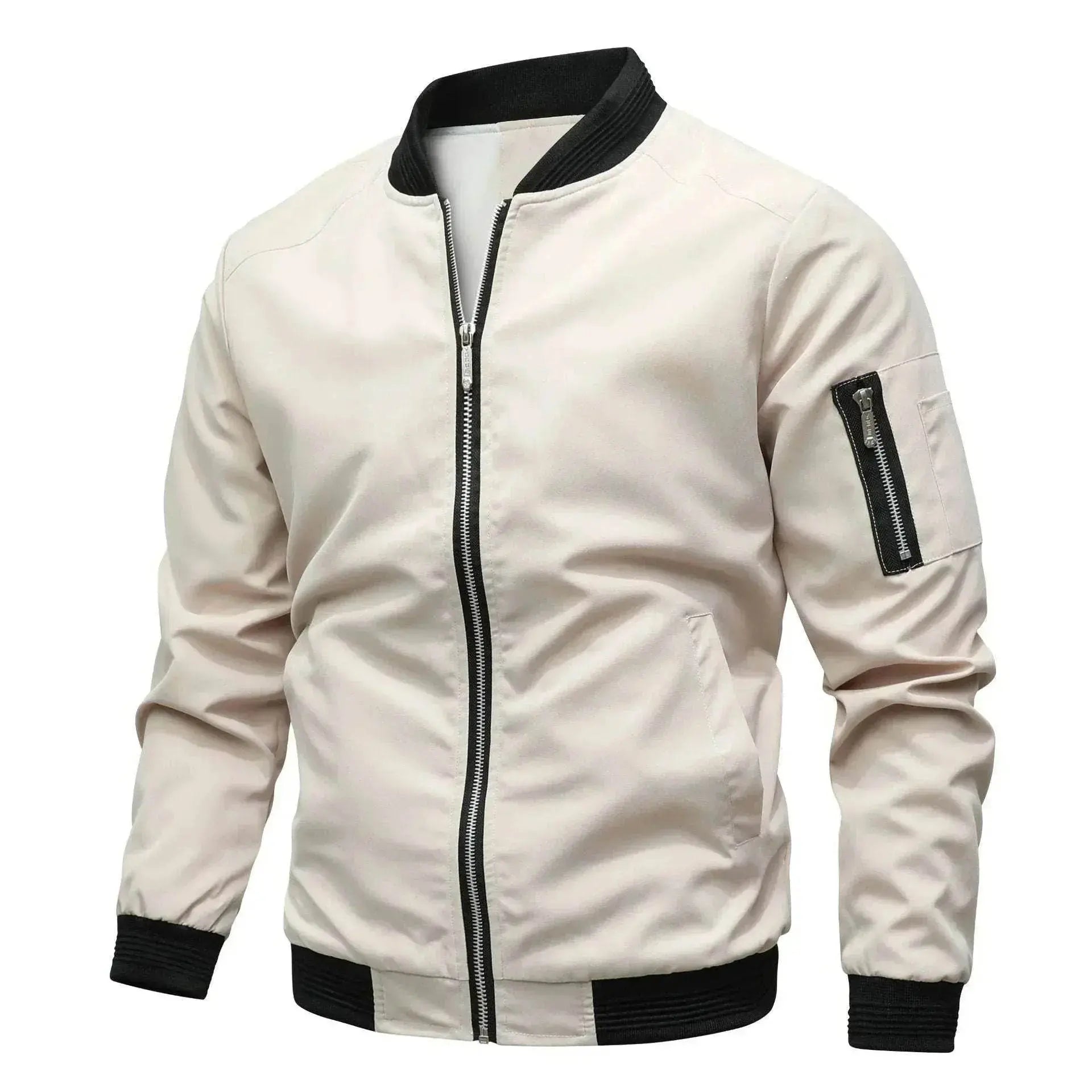 Loose fit men's baseball jacket in light beige with black trim and sleeve zipper, ZA-Zola UK