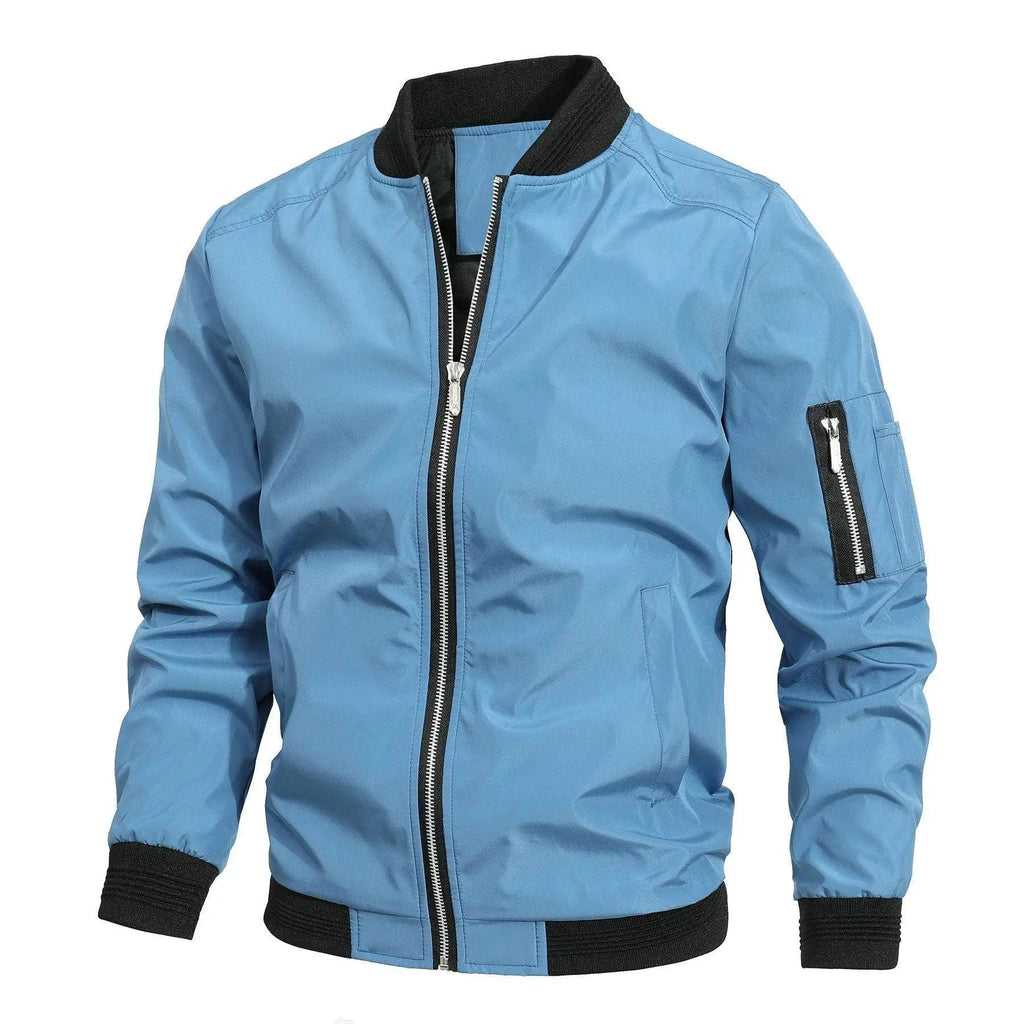 Light blue men's baseball jacket with black ribbed cuffs and zip pocket from ZA-Zola.
