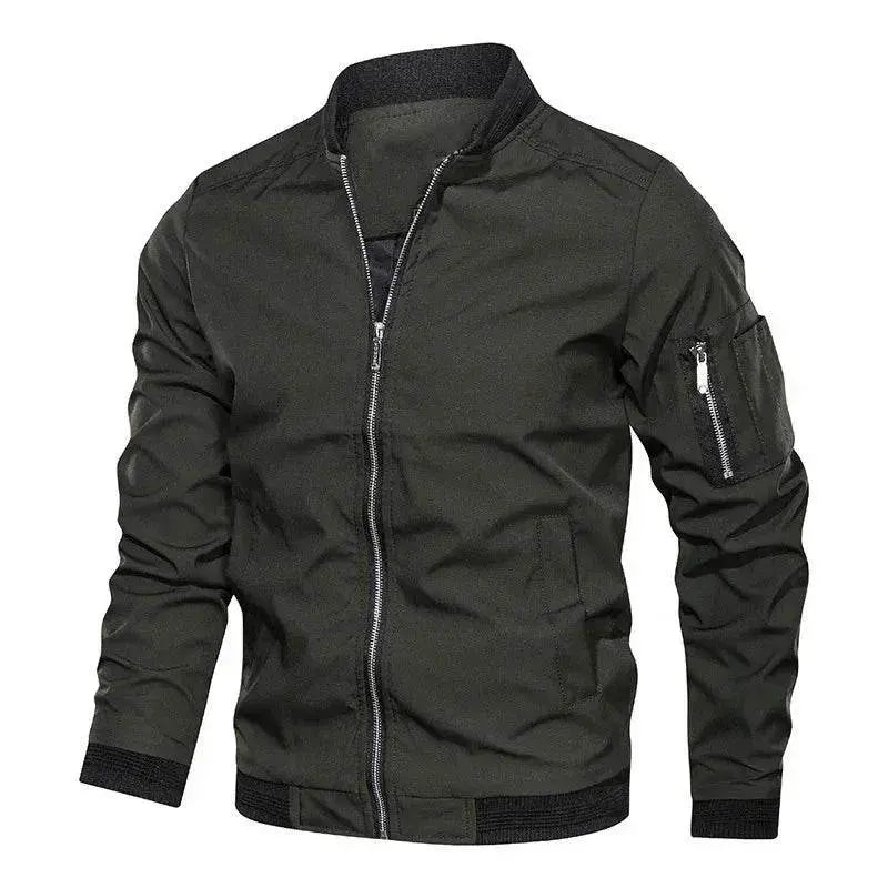 Loose fit men's black baseball jacket with front zipper, displayed on white background, ZA-Zola.