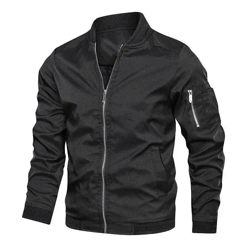 Loose-fit men’s black baseball jacket with zip pockets, ZA-Zola trendy plus size outerwear
