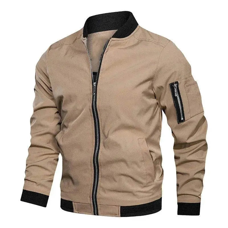 Beige men's baseball jacket with black trim and zipper, plus-size, from ZA-Zola UK fashion.