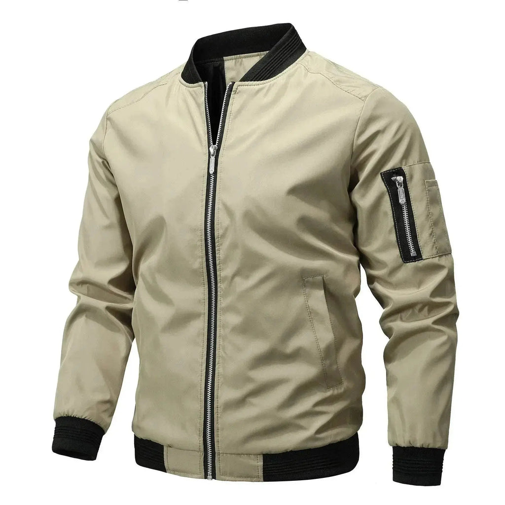 ZA-Zola men's loose fit beige baseball jacket with zip-up front and black trim