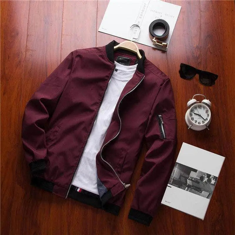 ZA-Zola men's casual bomber jacket in maroon with white t-shirt on wood background