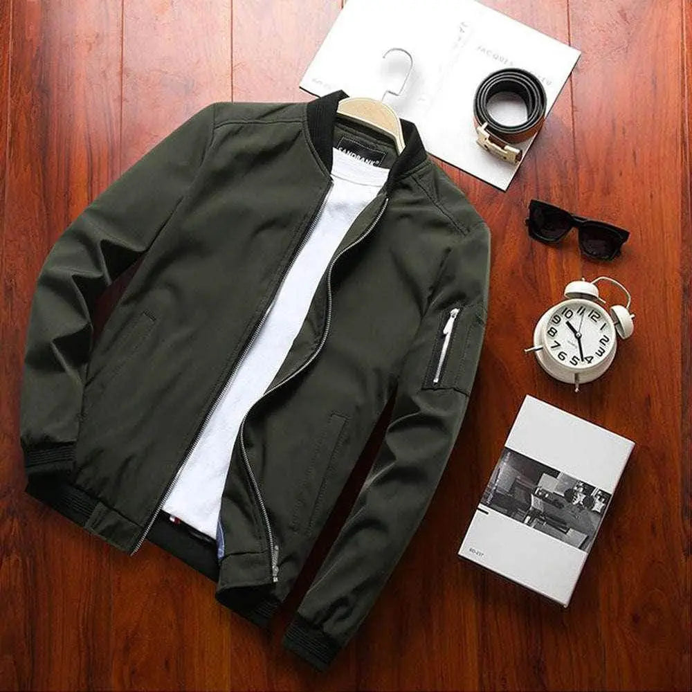 ZA-Zola men's casual bomber jacket in dark green on wood background with accessories