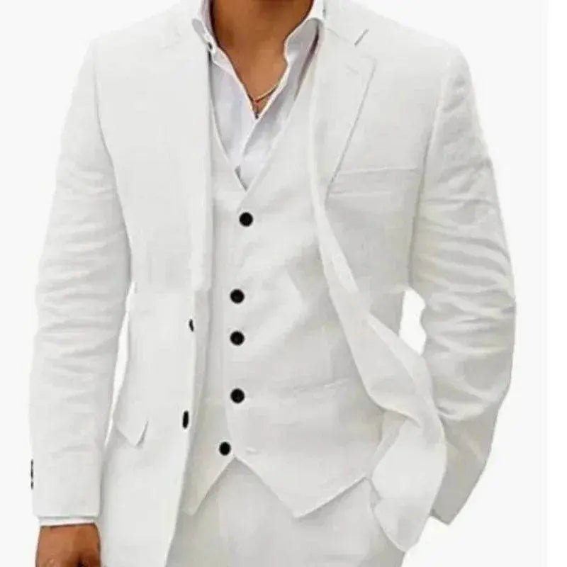 ZA-Zola men's slim fit white linen suit set with black buttons, stylish formal wear.