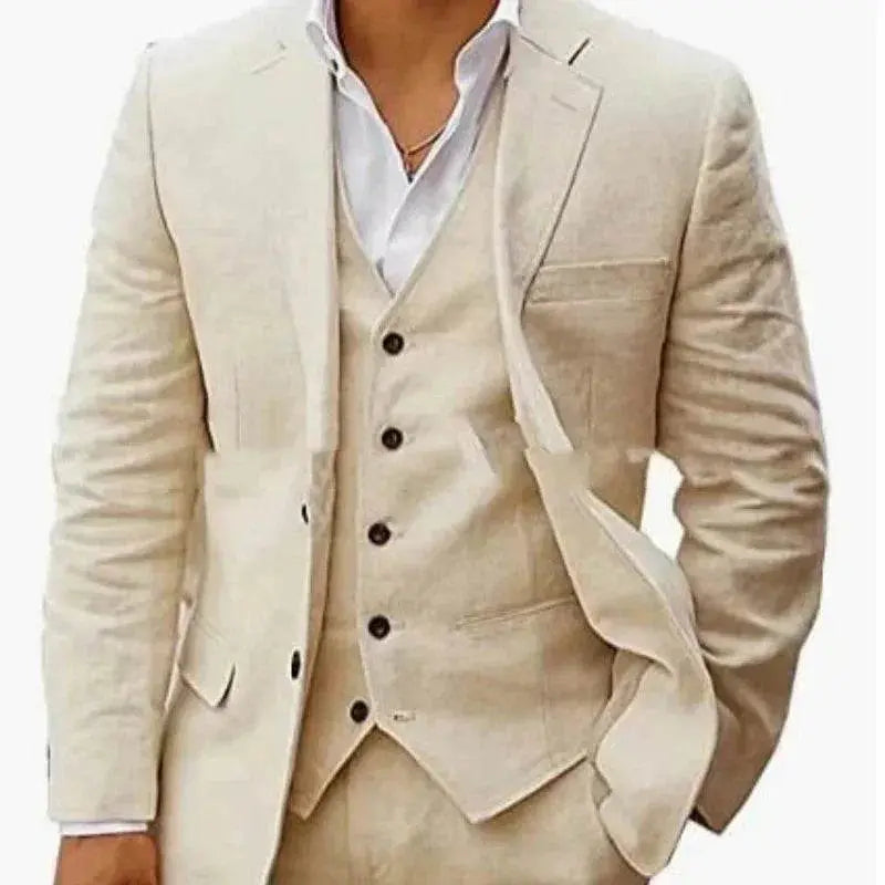 Men’s 6-piece beige linen suit set with vest from ZA-Zola, business slim fit style.