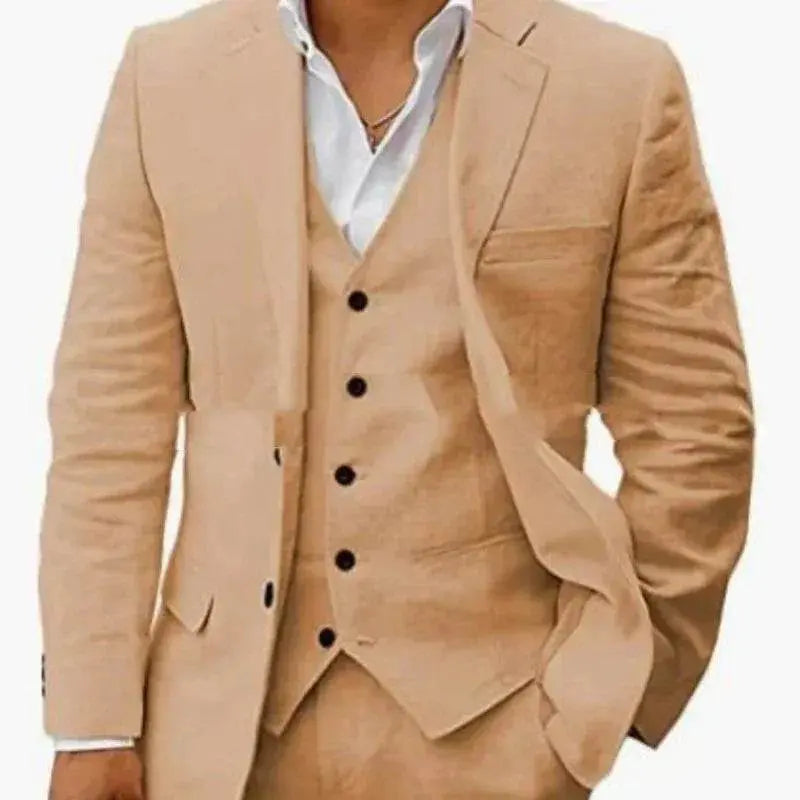 Men's beige linen suit set with blazer, waistcoat, and trousers from ZA-Zola UK