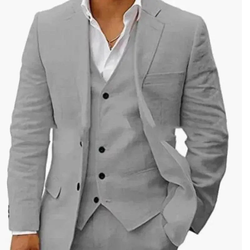 Men's light grey linen suit set, slim fit, ZA-Zola stylish business attire