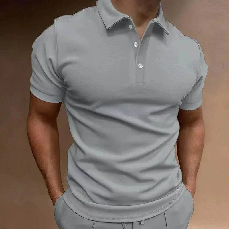 Men’s light grey button tee from ZA-Zola, relaxed fit, short sleeves, casual style