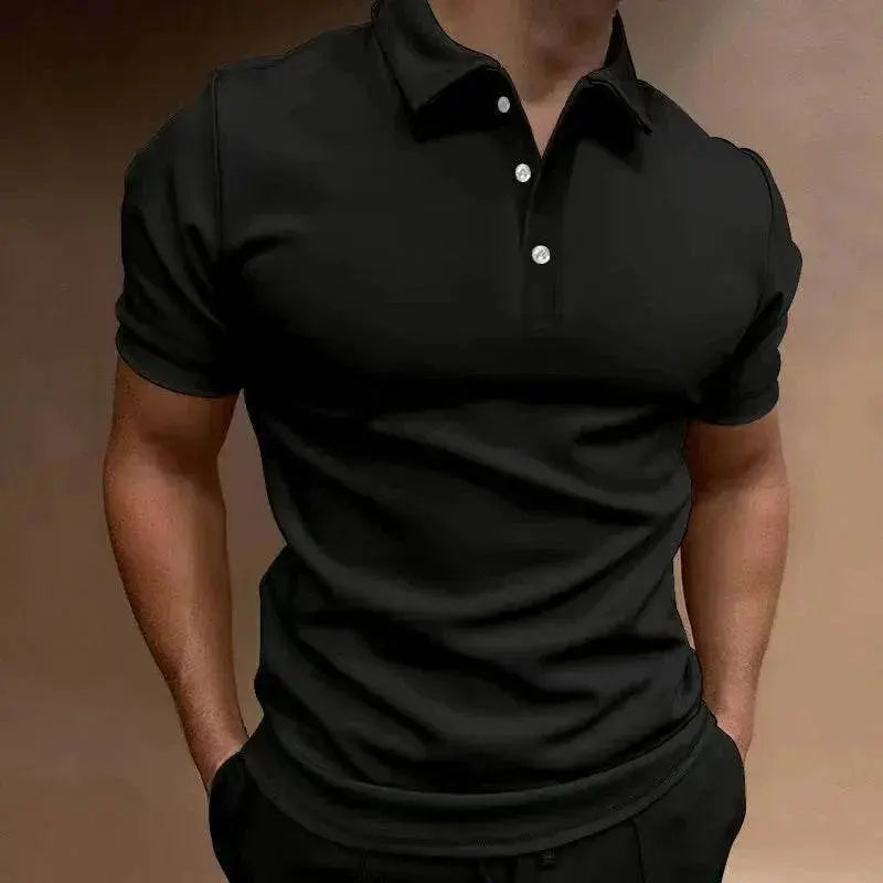 Men’s black button tee, relaxed fit, from ZA-Zola, stylish modern fashion apparel.