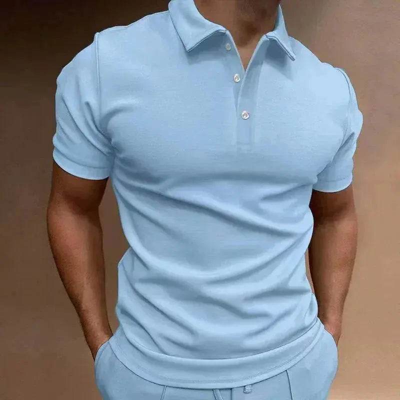 Light blue men's button tee with relaxed fit from ZA-Zola, short sleeves, casual style