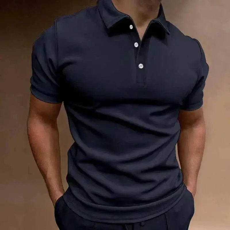 Men’s black button tee polo with relaxed fit, ZA-Zola fashion apparel, hands in pockets