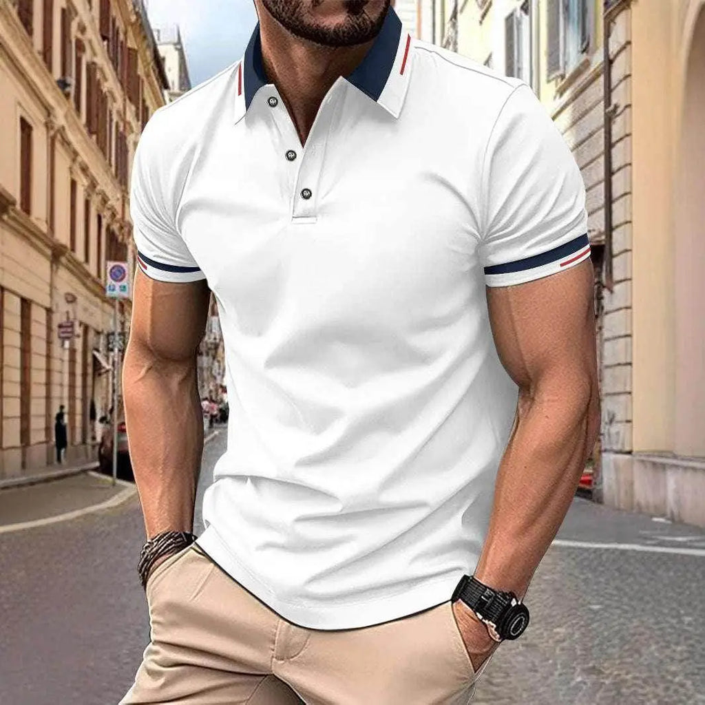 Man wearing white button polo shirt and beige pants from ZA-Zola on a city street