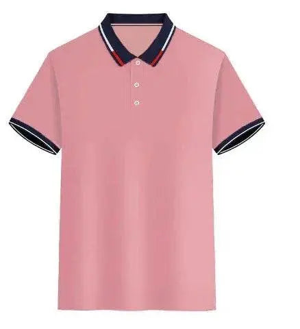 Men's casual pink polo shirt with button placket and navy collar from ZA-Zola.