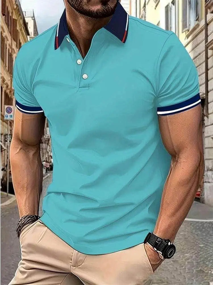 Men's light blue casual button polo shirt with navy collar by ZA-Zola, street style.