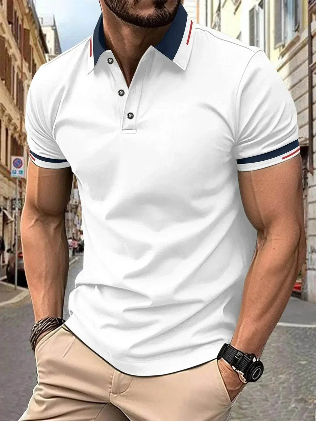 ZA-Zola men's casual white button polo with navy collar, worn outdoors with khaki pants.