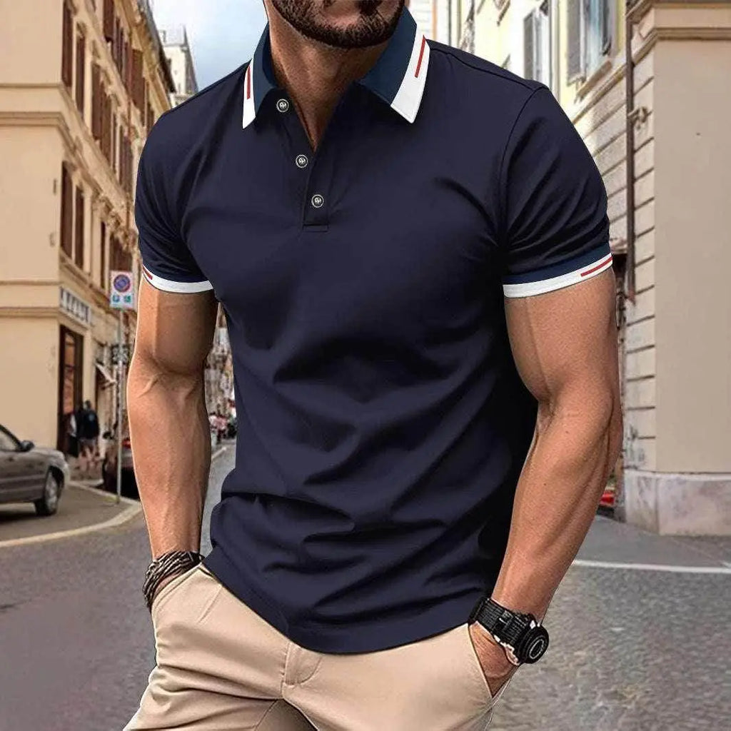 Men’s casual navy button polo shirt with white accents, ZA-Zola streetwear fashion