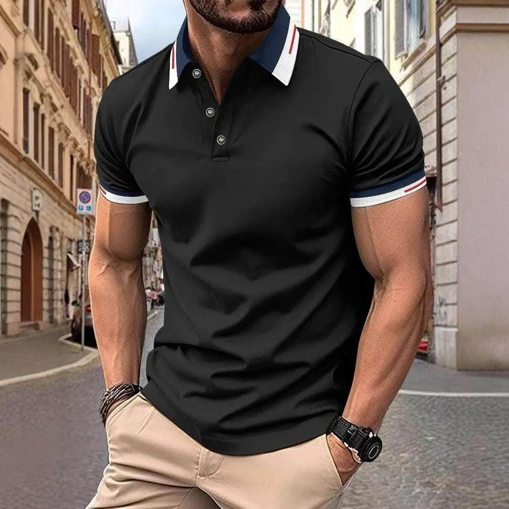 Men’s casual black button polo with white collar from ZA-Zola, styled with khaki trousers.