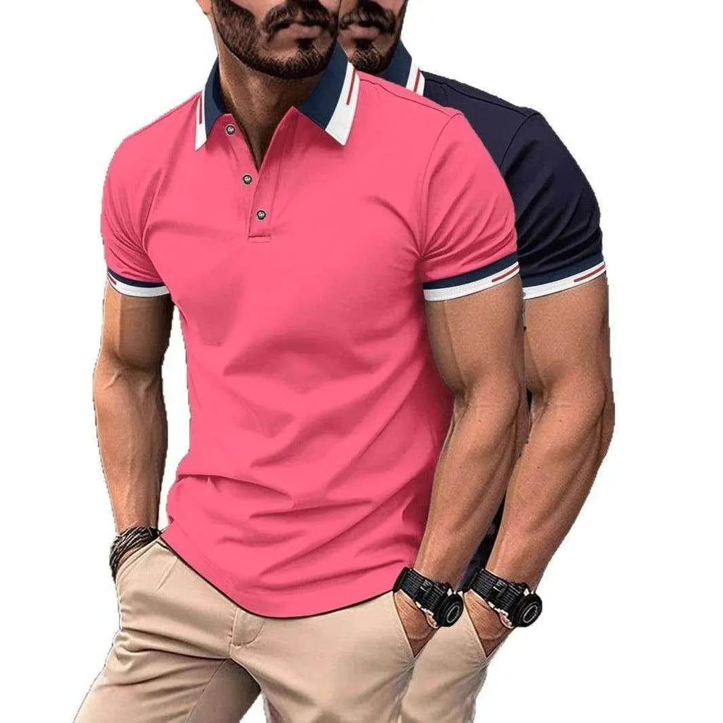 Two men modeling ZA-Zola casual button polo shirts in pink and navy, trendy UK menswear