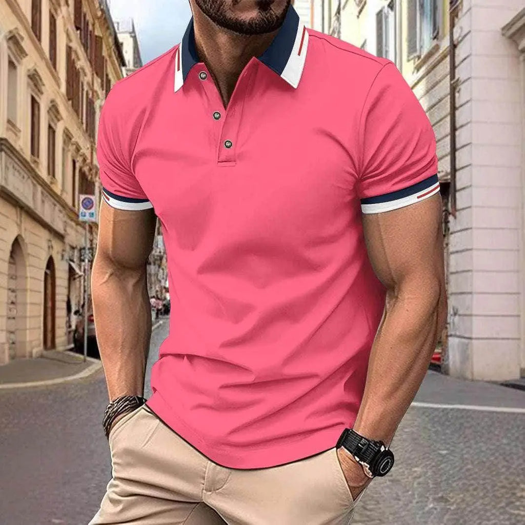 Man wearing a pink casual button polo shirt and beige pants on a city street, ZA-Zola fashion