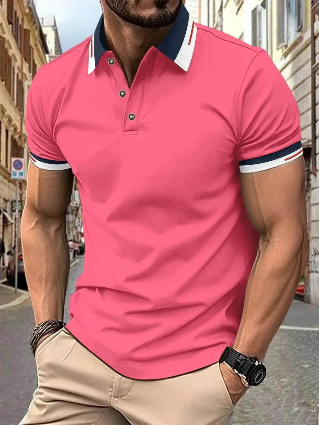Men's casual pink button polo shirt with navy and white collar from ZA-Zola, street style