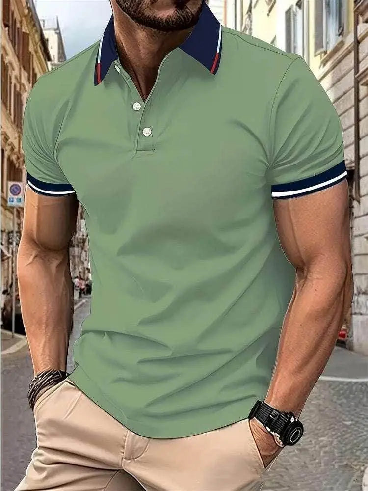 Men’s casual sage green button polo shirt with navy collar, modeled outdoors, ZA-Zola fashion