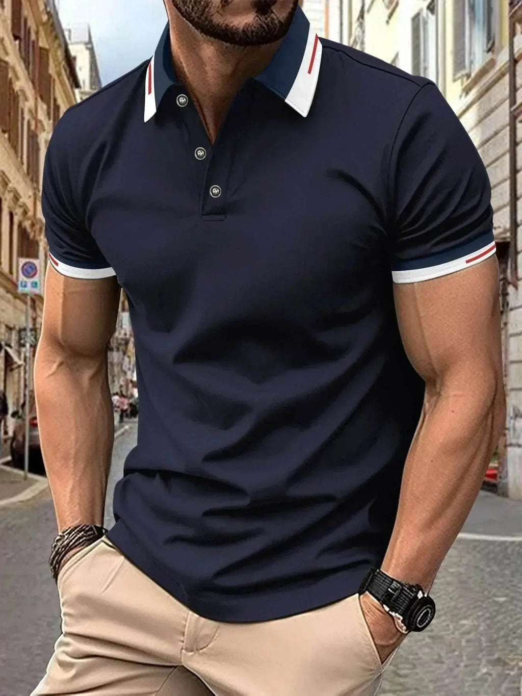 Men’s casual navy button polo shirt with white collar, styled for ZA-Zola street fashion.