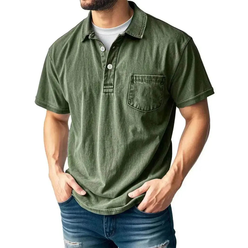 Men’s casual green polo shirt with button-up collar and chest pocket, ZA-Zola fashion