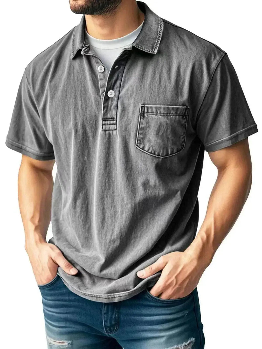 Men’s casual grey polo shirt with buttons and chest pocket from ZA-Zola, styled with jeans.