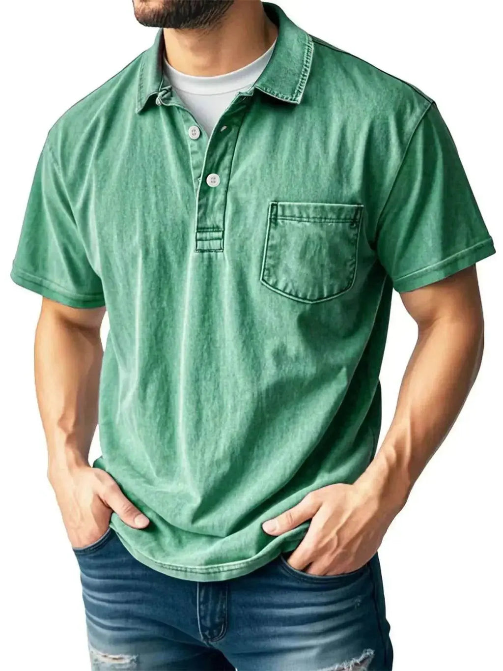 Men's casual green polo shirt with front pocket, button-up collar, modeled with jeans, ZA-Zola fashion