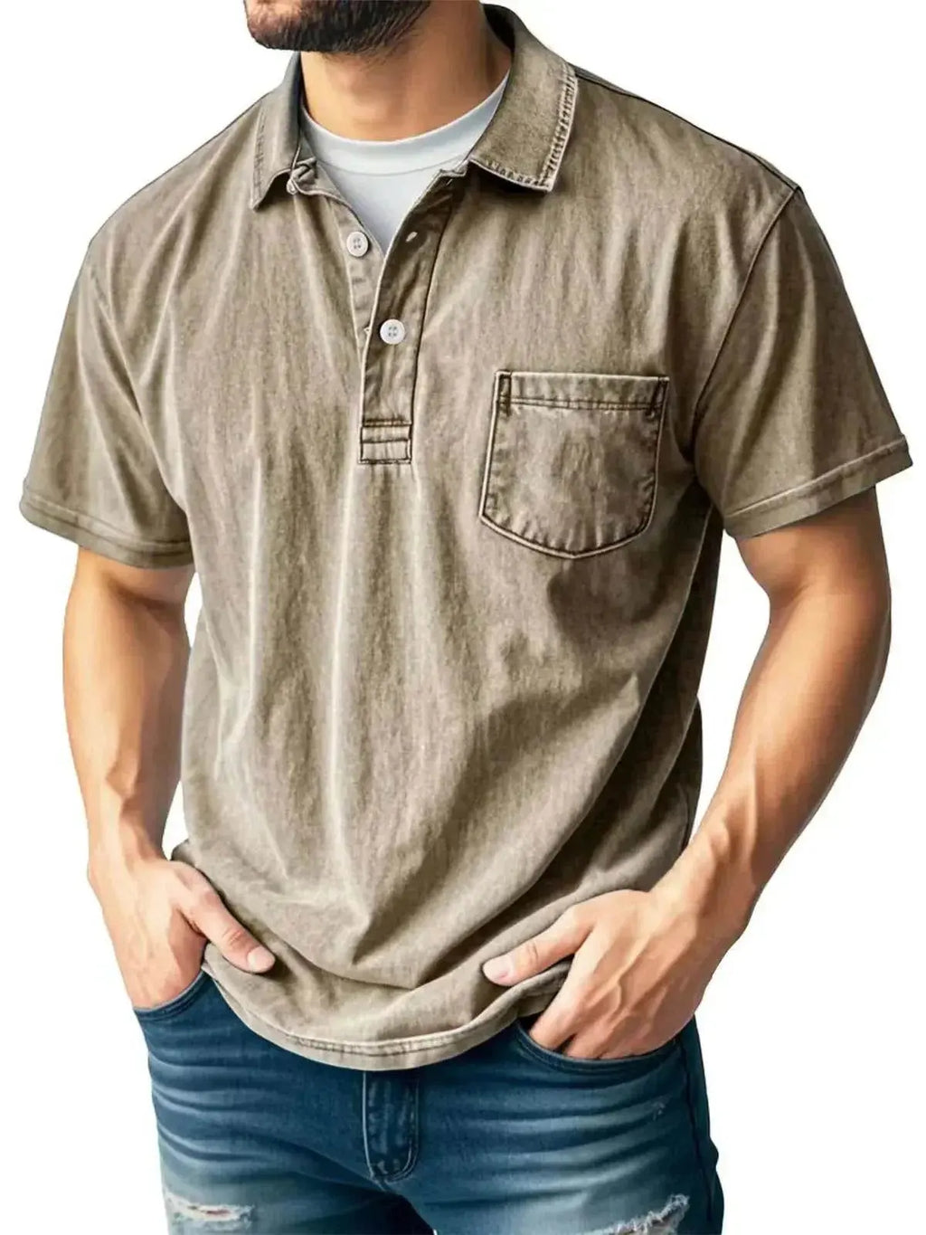 Men’s casual khaki polo shirt with pocket, button-up collar, ZA-Zola fashion, UK apparel