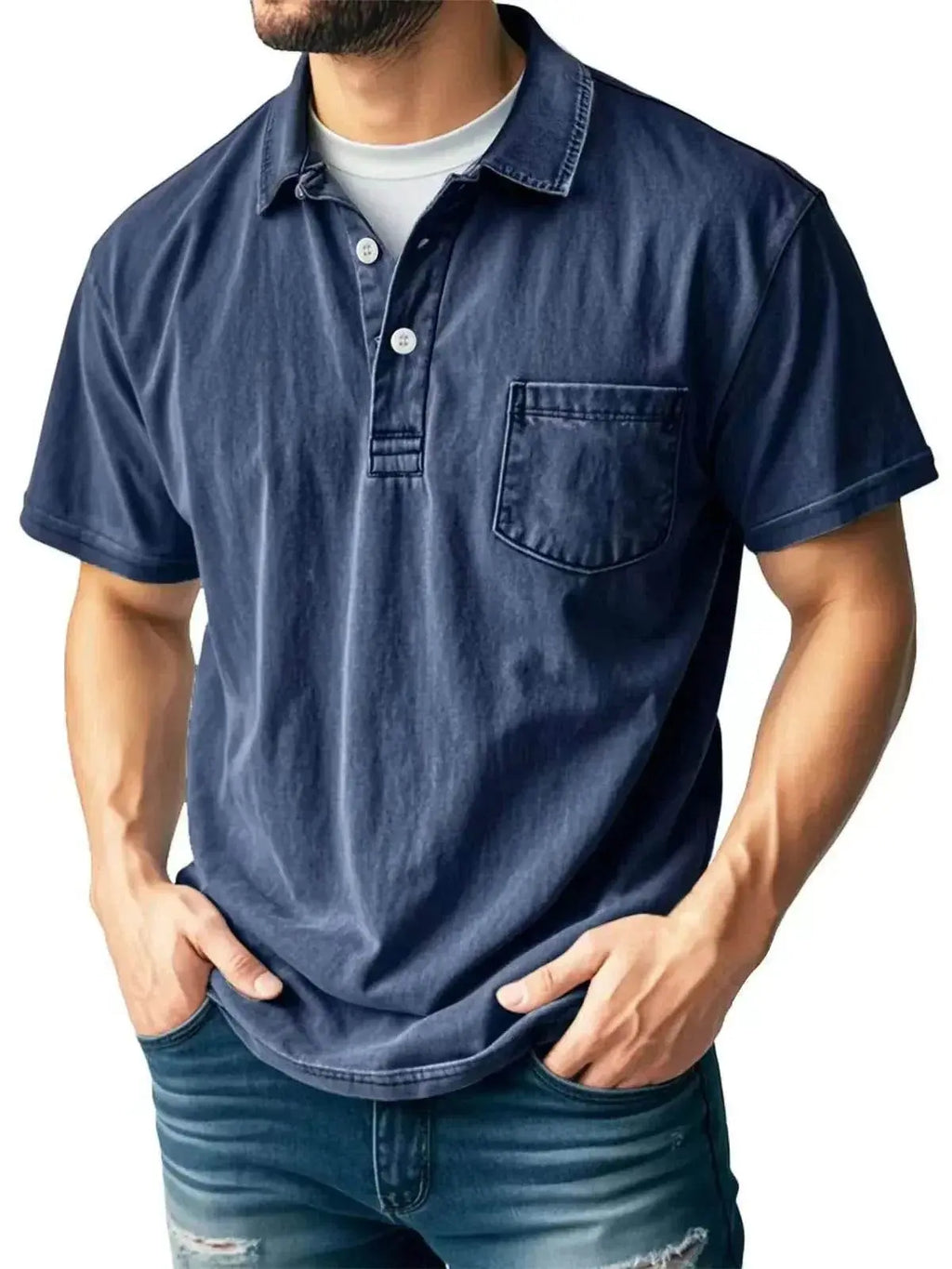 Men’s casual navy polo shirt with chest pocket and button-up collar from ZA-Zola UK