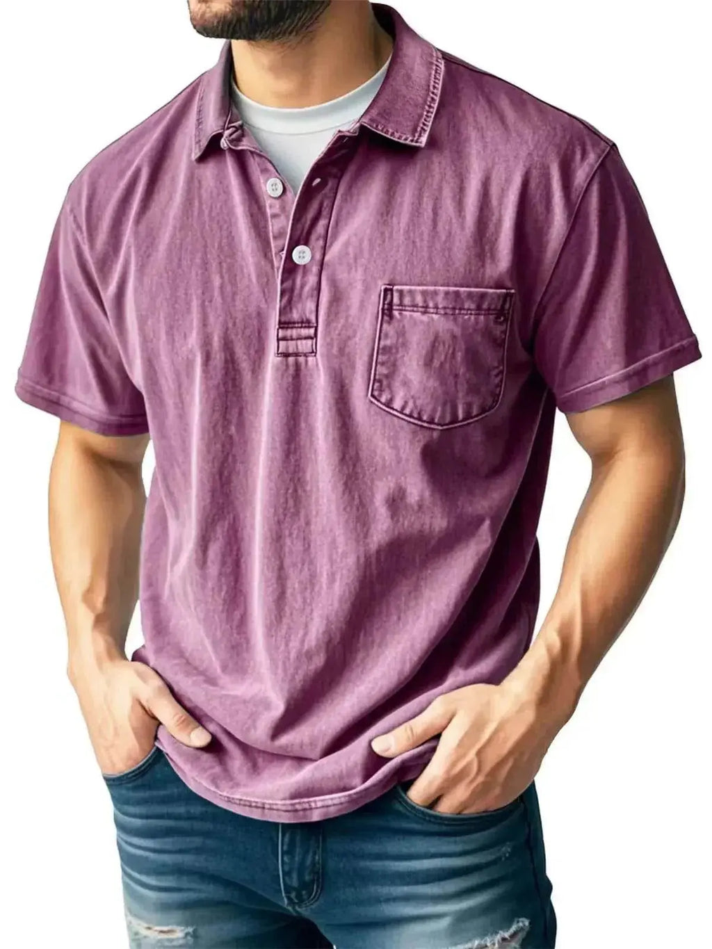 Men's casual solid purple polo shirt with pocket, button-up collar, from ZA-Zola