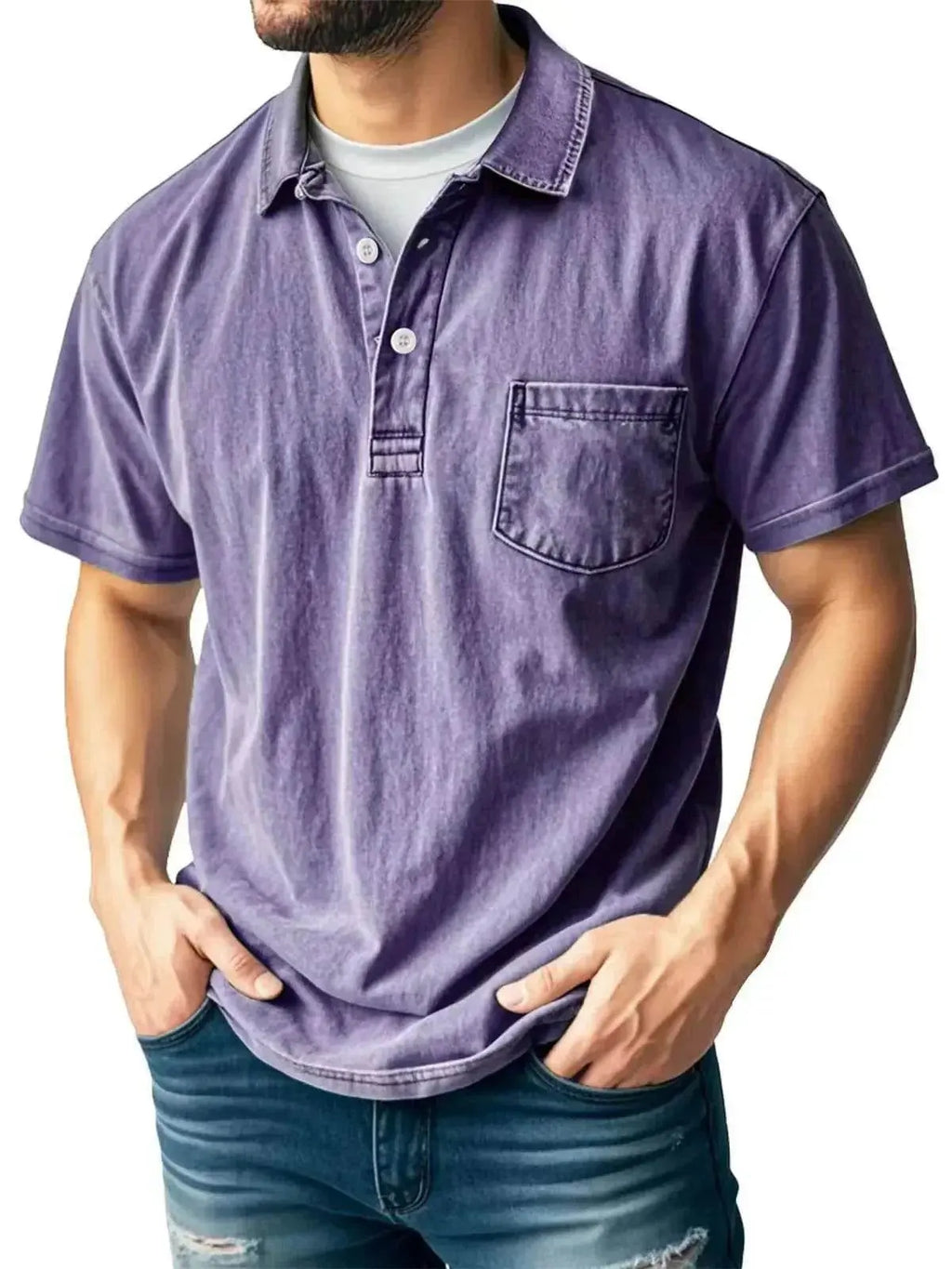 Men's casual solid purple polo shirt with chest pocket from ZA-Zola, styled with denim jeans
