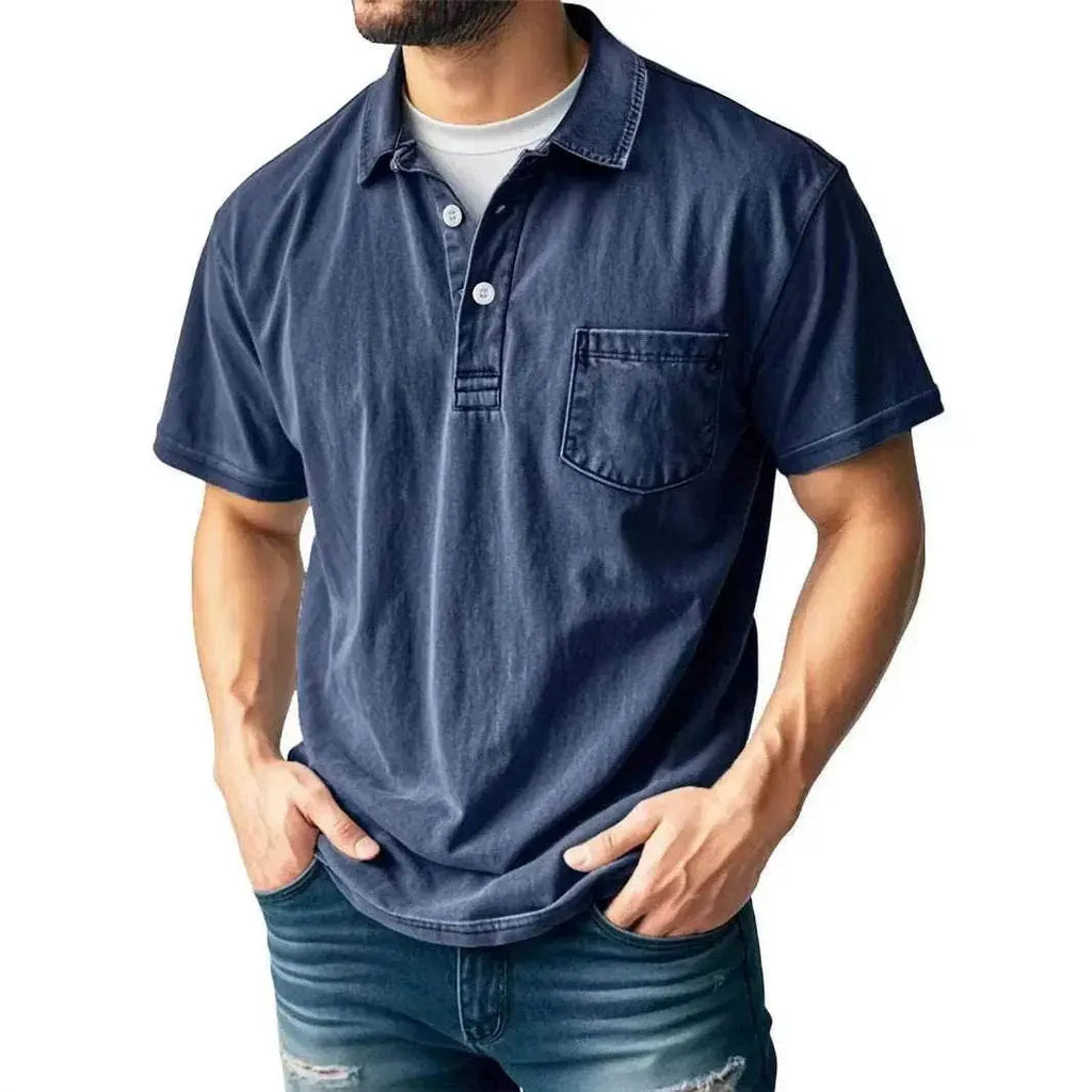 Men's casual navy polo shirt with button-up collar and chest pocket from ZA-Zola