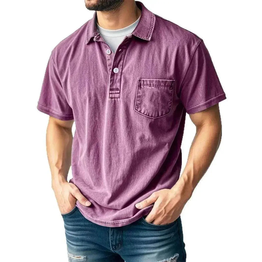Men's casual purple polo shirt with button-up collar and chest pocket, ZA-Zola fashion