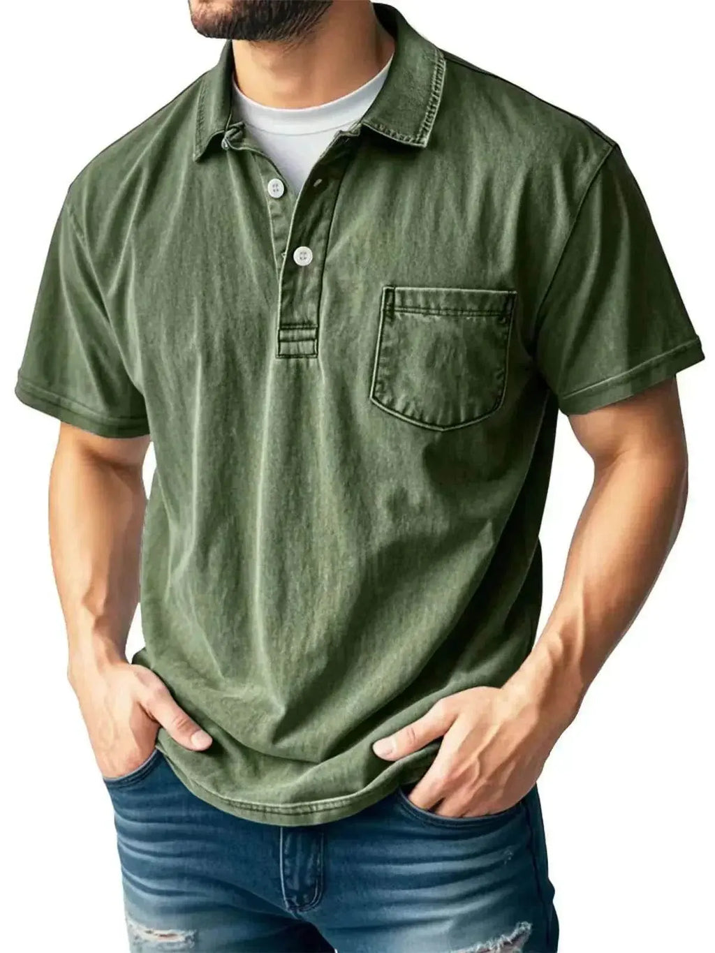 Men's casual green polo shirt with front pocket, short sleeves, button-up style, ZA-Zola fashion
