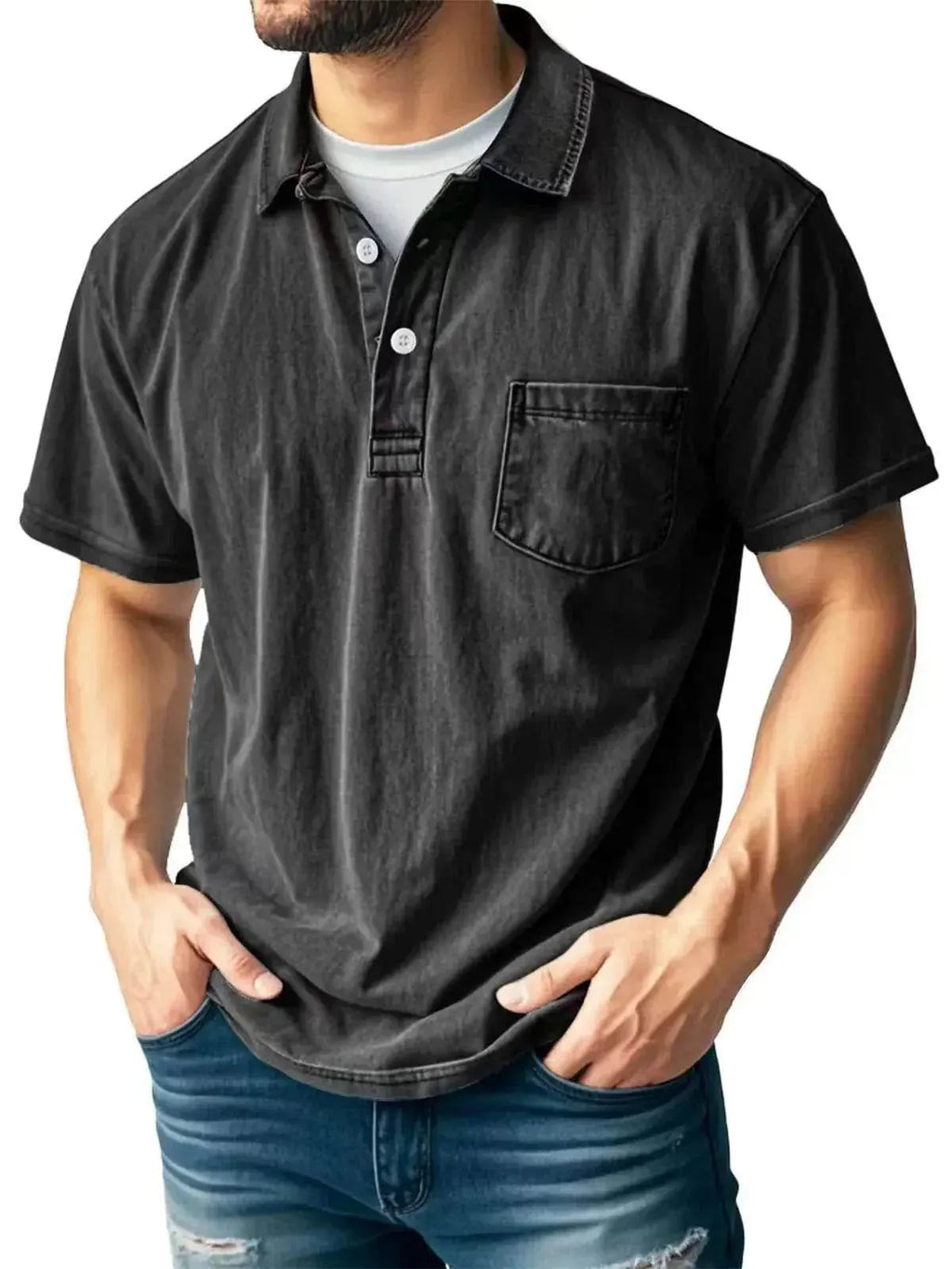 Men’s casual black polo shirt with button-up collar and chest pocket, styled by ZA-Zola