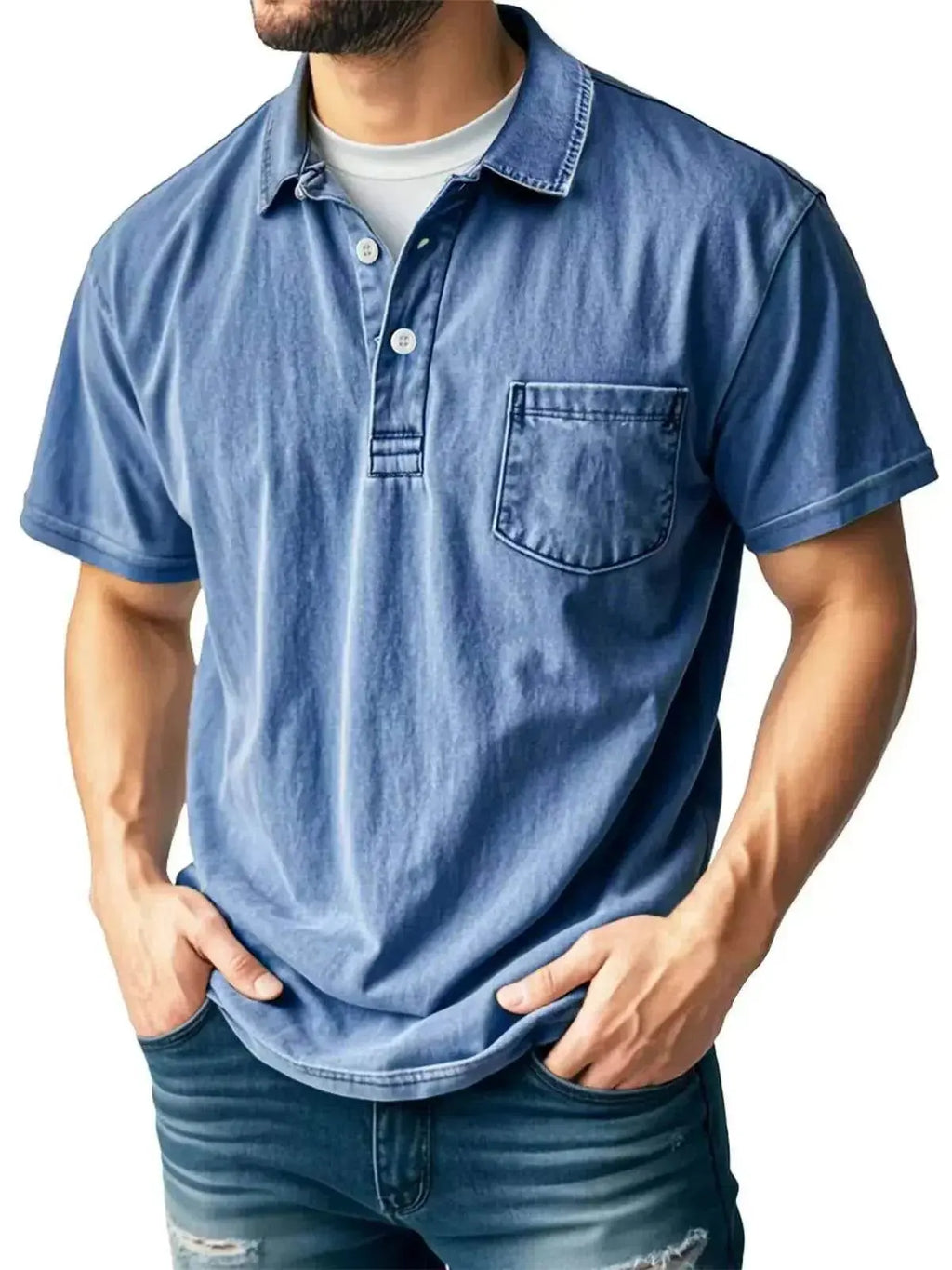 Men’s casual blue polo shirt with chest pocket and button-up collar, ZA-Zola fashion